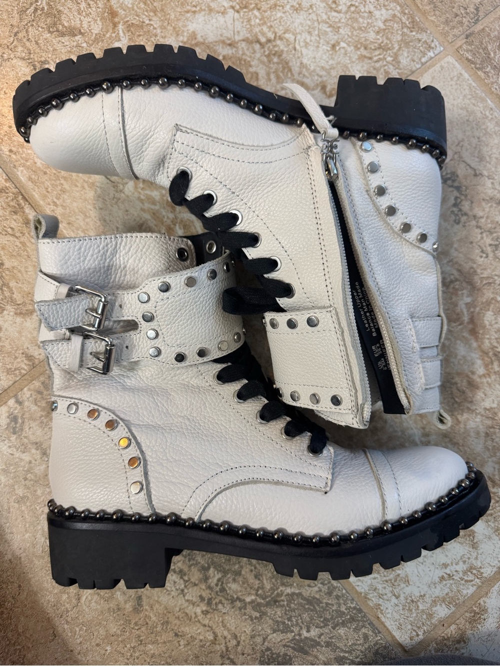 Sam Edelman Jennifer White Studded Combat Boots with Black Lug Sole